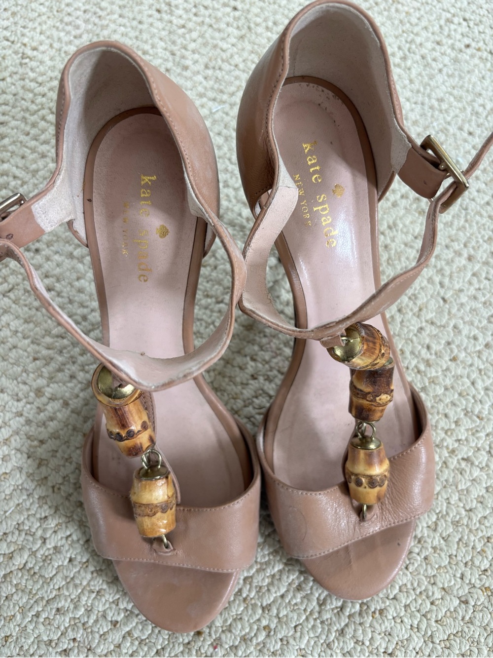 kate spade Nude Pink Leather T-Strap Heels with Wooden Bead Accents
